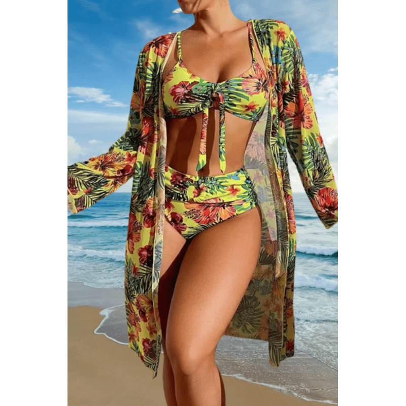 Fashion, accesorii si bijuterii - Femei - Lenjerie si pijamale femei - Costume de baie femei - Costum de baie dama, Ava-Stars ®, Sutien tip bustiera si slip talie inalta, Camasa vaporoasa, 3 piese, M, Galben Floral - Infinity.ro