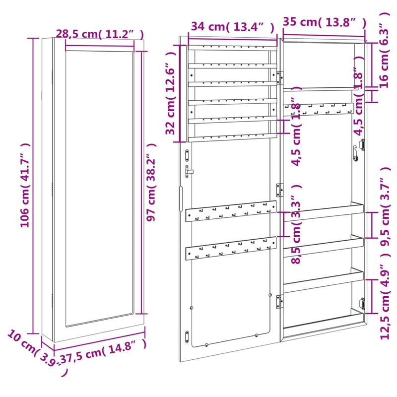 Casa si Gradina - Mobilier - Dulapuri si sifoniere - Dulapuri - Dulap de bijuterii cu oglinda montat pe perete 37,5x10x106 cm - Infinity.ro