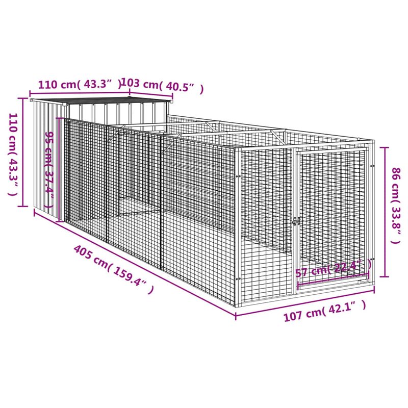 Petshop - Accesorii petshop - Culcusuri si custi - Tarcuri si colivii - Cusca caine cu tarc antracit 110x405x110 cm otel galvanizat - Infinity.ro