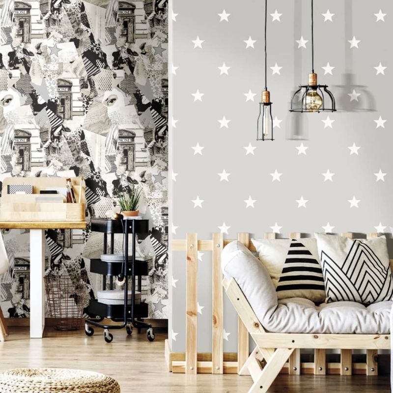 Casa si Gradina - Decoratiuni - Tapet - Noordwand Tapet „Friends & Coffee Little Stars”, gri inchis si alb - Infinity.ro