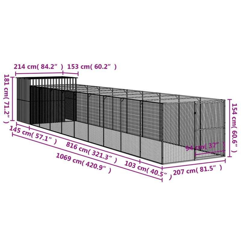 Petshop - Accesorii petshop - Culcusuri si custi - Custi interior si exterior - Cusca de caine cu tarc antracit 214x1069x181 cm otel galvanizat - Infinity.ro