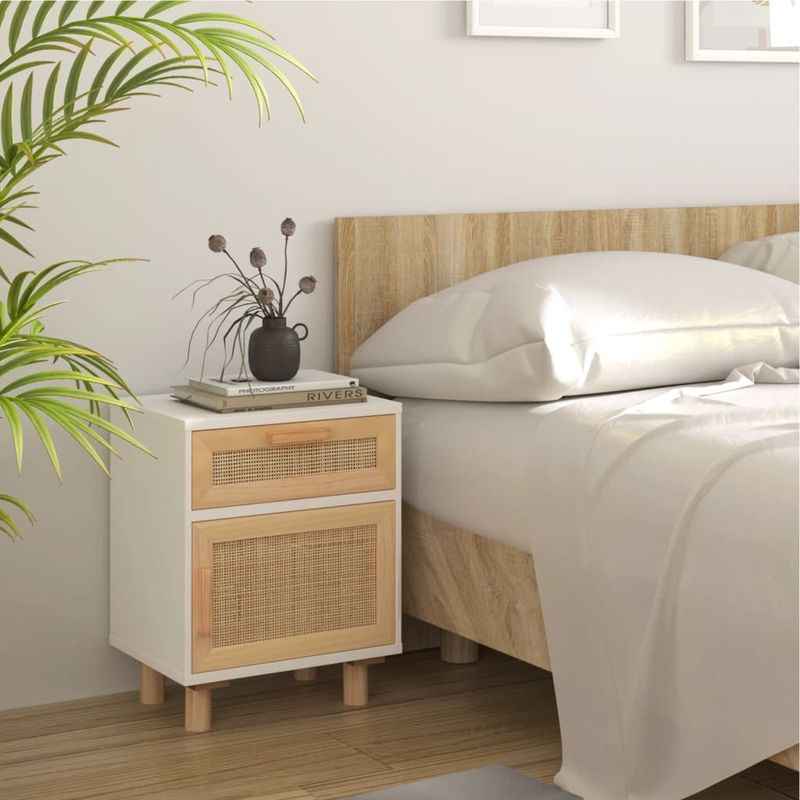 Casa si Gradina - Mobilier - Comode si corpuri - Noptiere - Noptiera, alb, lemn masiv de pin si ratan natural - Infinity.ro