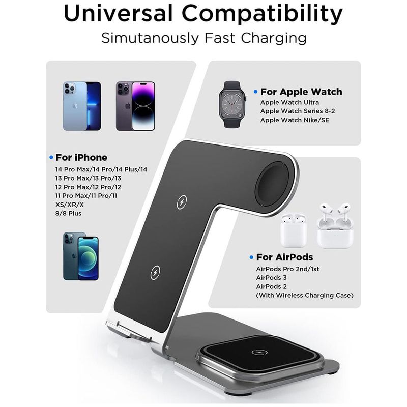 Laptop, Telefoane si Tablete - Telefoane mobile si accesorii - Accesorii Telefoane - Incarcatoare telefoane - Statie de incarcare tip Wireless 3in1, Fast Charge 15W, MagSafe - Infinity.ro