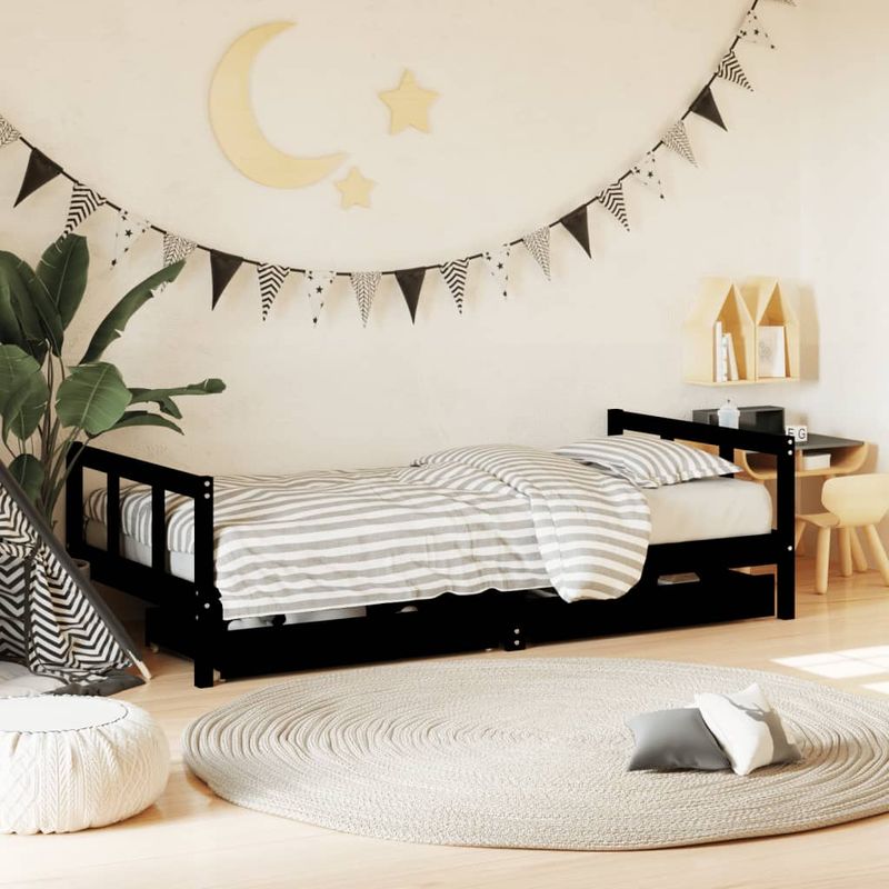 Casa si Gradina - Mobilier - Mobilier copii - Patuturi copii - Cadru de pat copii cu sertare, negru, 90x190 cm, lemn masiv pin - Infinity.ro