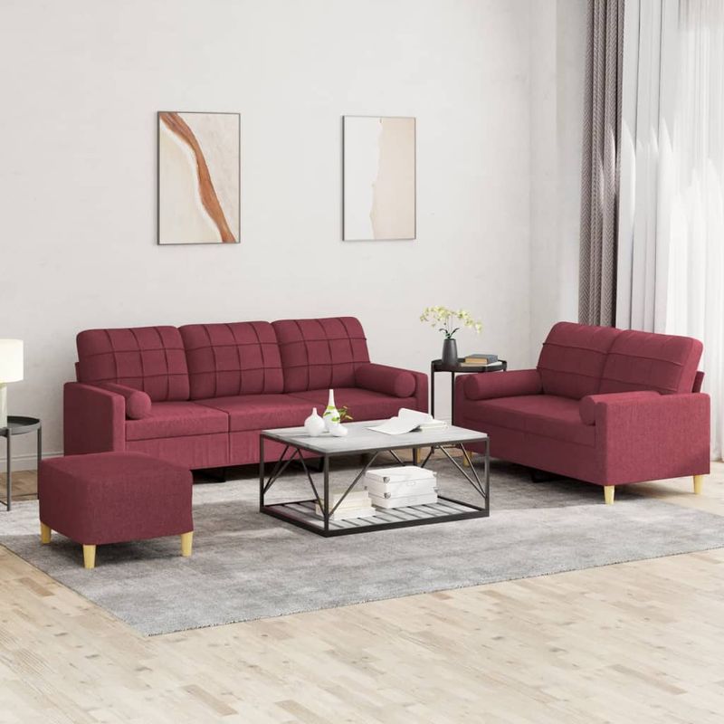Casa si Gradina - Mobilier - Seturi de mobilier - Seturi living - Set canapea cu perne, 3 piese, rosu vin, material textil - Infinity.ro