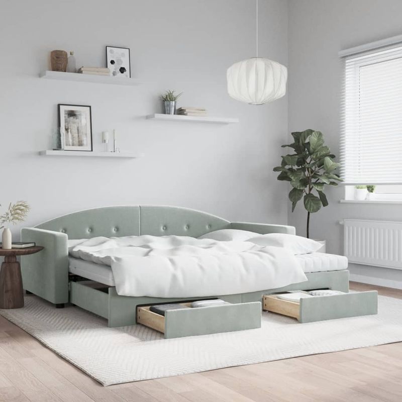 Casa si Gradina - Mobilier - Paturi si accesorii - Paturi - Pat de zi cu extensie si sertare, gri deschis 90x190 cm catifea - Infinity.ro