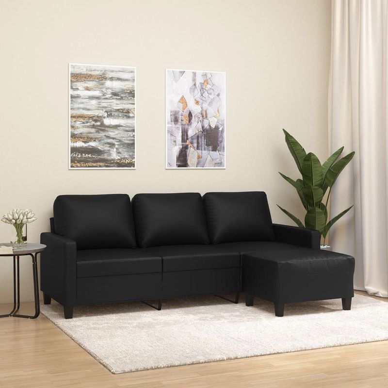 Casa si Gradina - Mobilier - Canapele si coltare - Canapele - Canapea cu 3 locuri si taburet, negru, 180 cm, piele ecologica - Infinity.ro