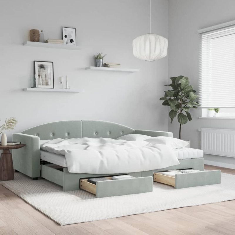 Casa si Gradina - Mobilier - Paturi si accesorii - Paturi - Pat de zi cu extensie si sertare, gri deschis 90x200 cm catifea - Infinity.ro
