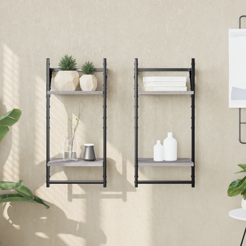 Casa si Gradina - Mobilier - Biblioteci si rafturi - Rafturi - Rafturi perete 2 niveluri cu bare 2 buc. gri sonoma 30x25x65 cm - Infinity.ro
