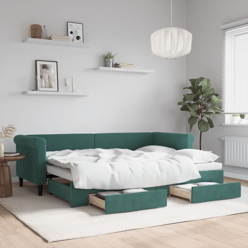 Casa si Gradina - Mobilier - Paturi si accesorii - Paturi - Pat de zi cu extensie si sertare verde inchis 80x200 cm catifea - Infinity.ro