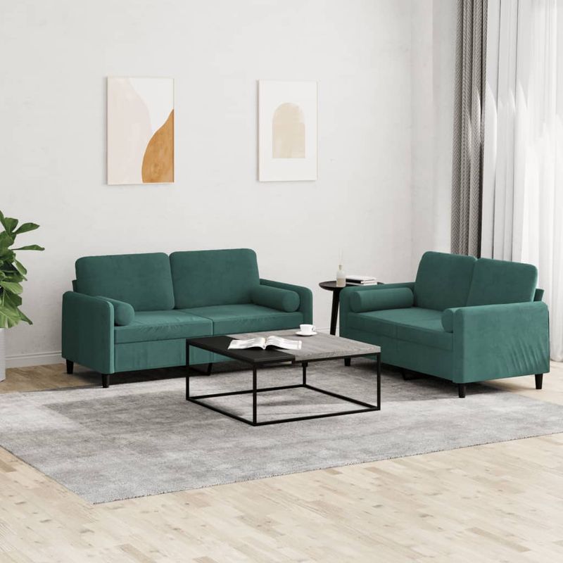 Casa si Gradina - Mobilier - Canapele si coltare - Canapele - Set canapea cu perne, 2 piese, verde inchis, catifea - Infinity.ro