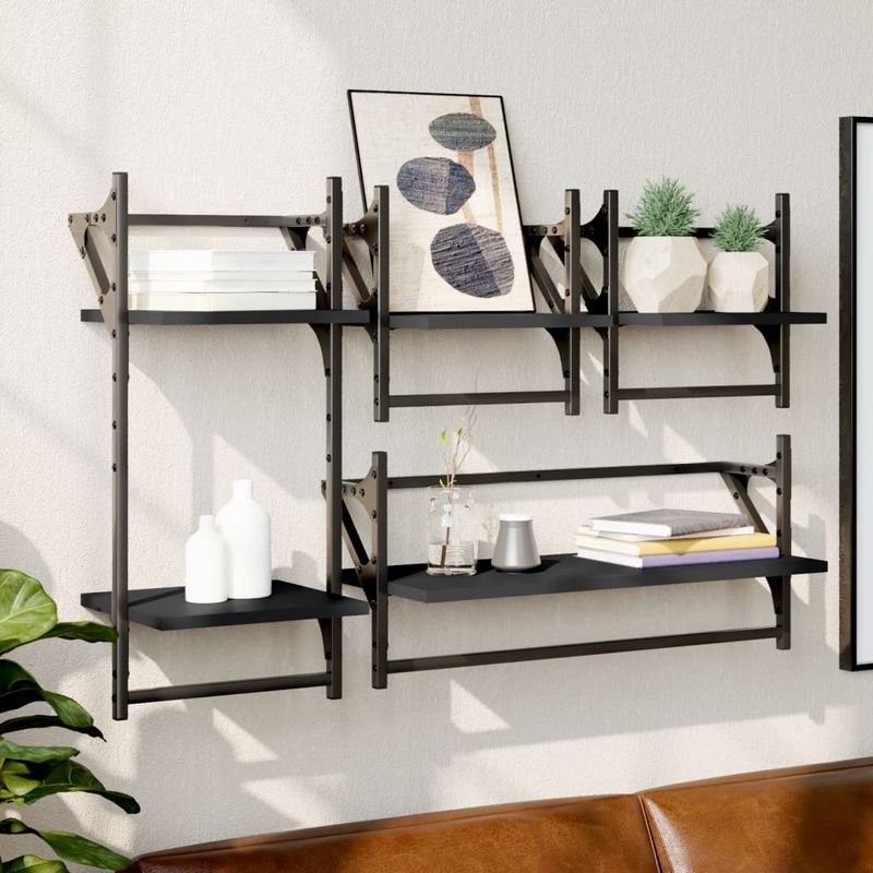 Casa si Gradina - Mobilier - Biblioteci si rafturi - Rafturi - Set rafturi perete cu bare, 4 buc. negru lemn prelucrat - Infinity.ro