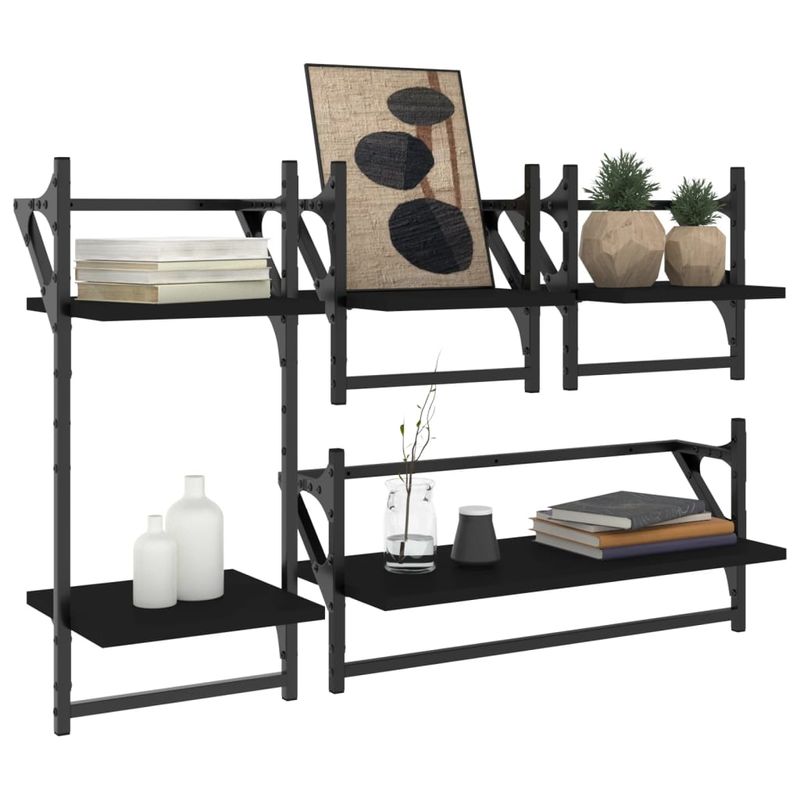 Casa si Gradina - Mobilier - Biblioteci si rafturi - Rafturi - Set rafturi perete cu bare, 4 buc. negru lemn prelucrat - Infinity.ro