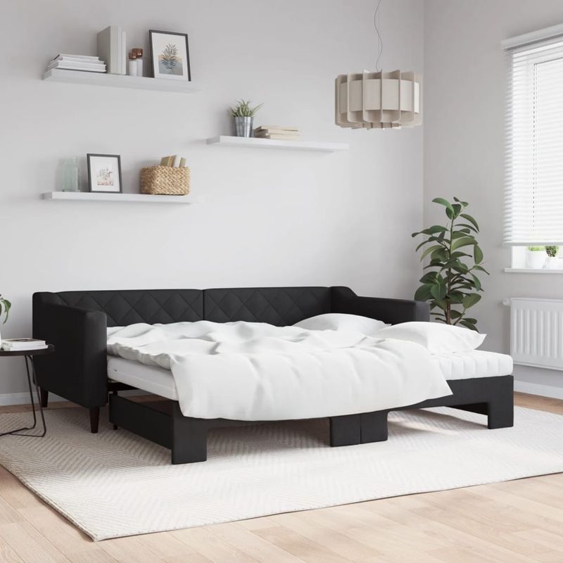 Casa si Gradina - Mobilier - Paturi si accesorii - Paturi - Pat de zi cu extensie si saltele, negru, 90x190 cm, textil - Infinity.ro