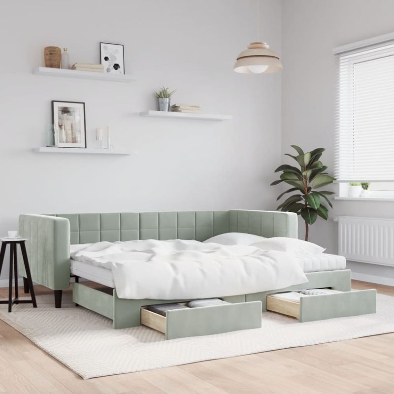 Casa si Gradina - Mobilier - Paturi si accesorii - Paturi - Pat de zi cu extensie si sertare, gri deschis 90x200 cm catifea - Infinity.ro