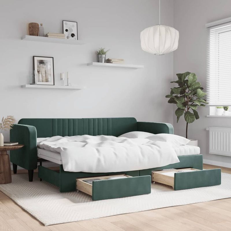 Casa si Gradina - Mobilier - Paturi si accesorii - Paturi - Pat de zi cu extensie si sertare verde inchis 80x200 cm catifea - Infinity.ro