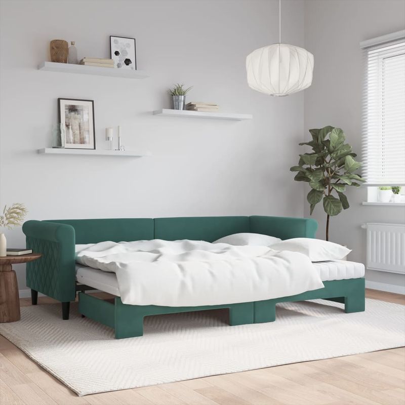 Casa si Gradina - Mobilier - Paturi si accesorii - Paturi - Pat de zi cu extensie si saltele verde inchis 80x200 cm catifea - Infinity.ro