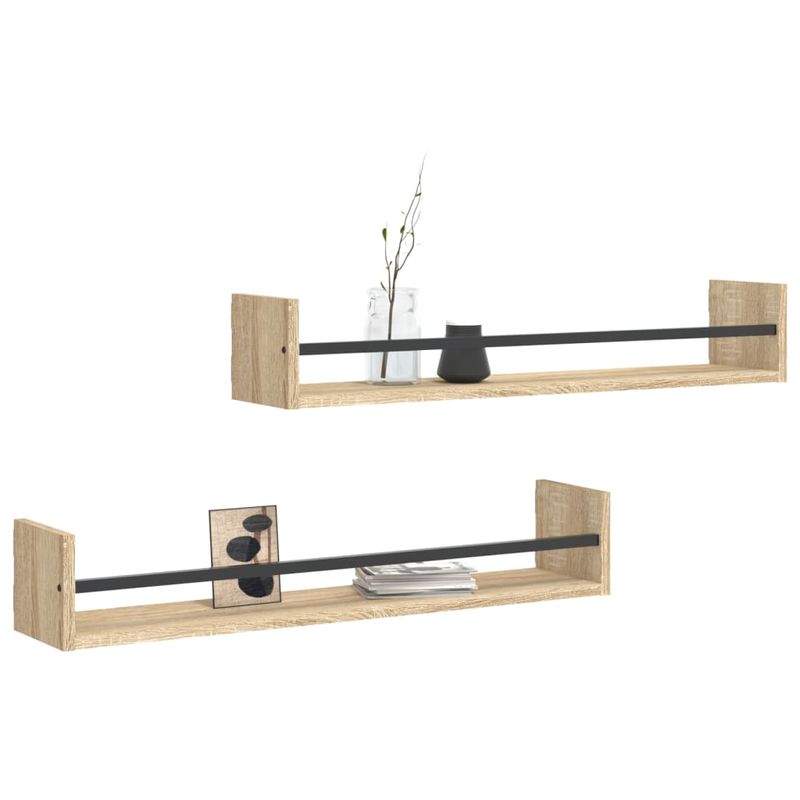 Casa si Gradina - Mobilier - Biblioteci si rafturi - Rafturi - Rafturi de perete cu bare, 2 buc, stejar sonoma, 80x16x14 cm - Infinity.ro