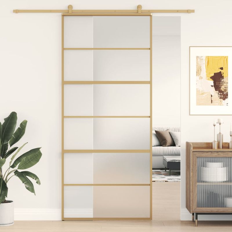 Casa si Gradina - Constructii - Usi interior, exterior si garaj - Usi interior - Usa glisanta, auriu, 90x205 cm, sticla ESG mata si aluminiu - Infinity.ro