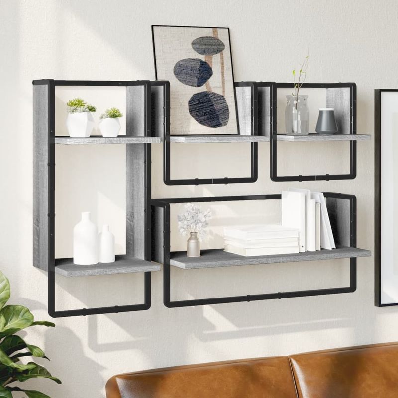 Casa si Gradina - Mobilier - Biblioteci si rafturi - Rafturi - Set rafturi perete cu bare, 4 buc., gri sonoma, lemn prelucrat - Infinity.ro