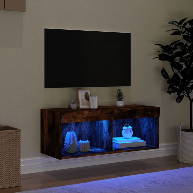 Casa si Gradina - Mobilier - Comode si corpuri - Comode - Comoda TV cu lumini LED, stejar fumuriu, 80x30x30 cm - Infinity.ro