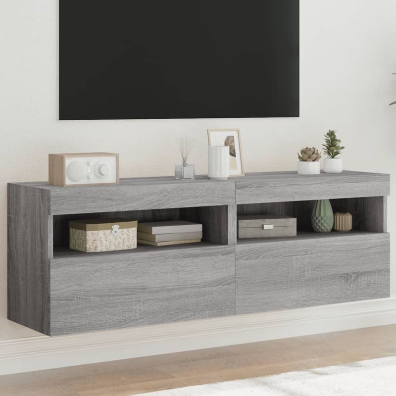 Casa si Gradina - Mobilier - Comode si corpuri - Comode - Comoda TV de perete cu LED, 2 buc, gri sonoma, 60x30x40 cm - Infinity.ro