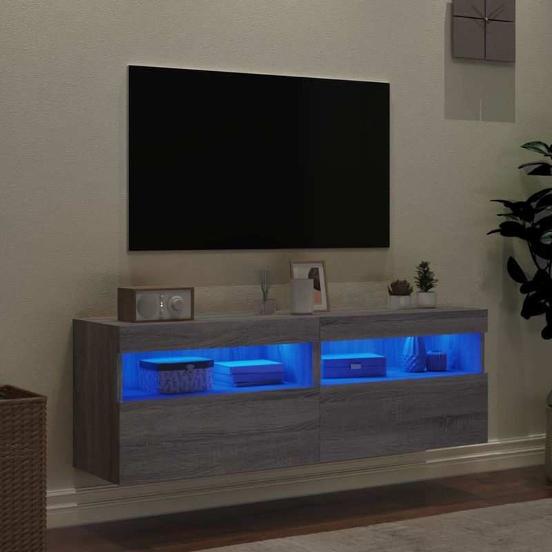 Casa si Gradina - Mobilier - Comode si corpuri - Comode - Comoda TV de perete cu LED, 2 buc, gri sonoma, 60x30x40 cm - Infinity.ro