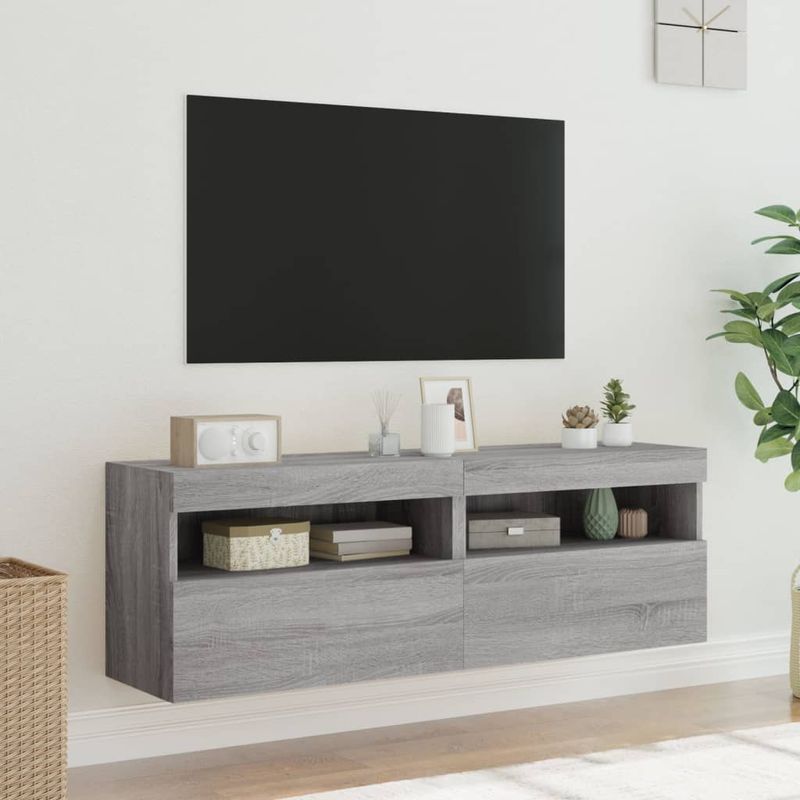 Casa si Gradina - Mobilier - Comode si corpuri - Comode - Comoda TV de perete cu LED, 2 buc, gri sonoma, 60x30x40 cm - Infinity.ro