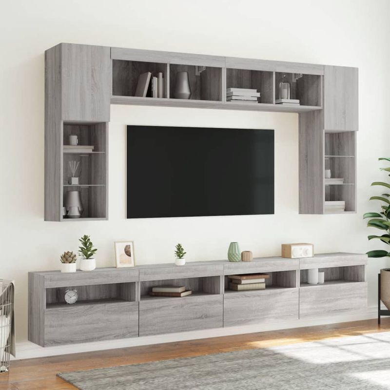 Casa si Gradina - Mobilier - Comode si corpuri - Comode - Comoda TV de perete cu LED, 2 buc, gri sonoma, 60x30x40 cm - Infinity.ro