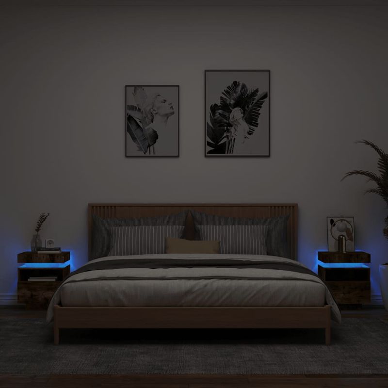 Casa si Gradina - Mobilier - Comode si corpuri - Noptiere - Noptiere cu lumini LED, 2 buc., stejar fumuriu, 40x39x48,5 cm - Infinity.ro