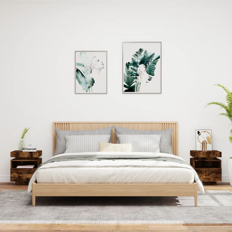 Casa si Gradina - Mobilier - Comode si corpuri - Noptiere - Noptiere cu lumini LED, 2 buc., stejar fumuriu, 40x39x48,5 cm - Infinity.ro