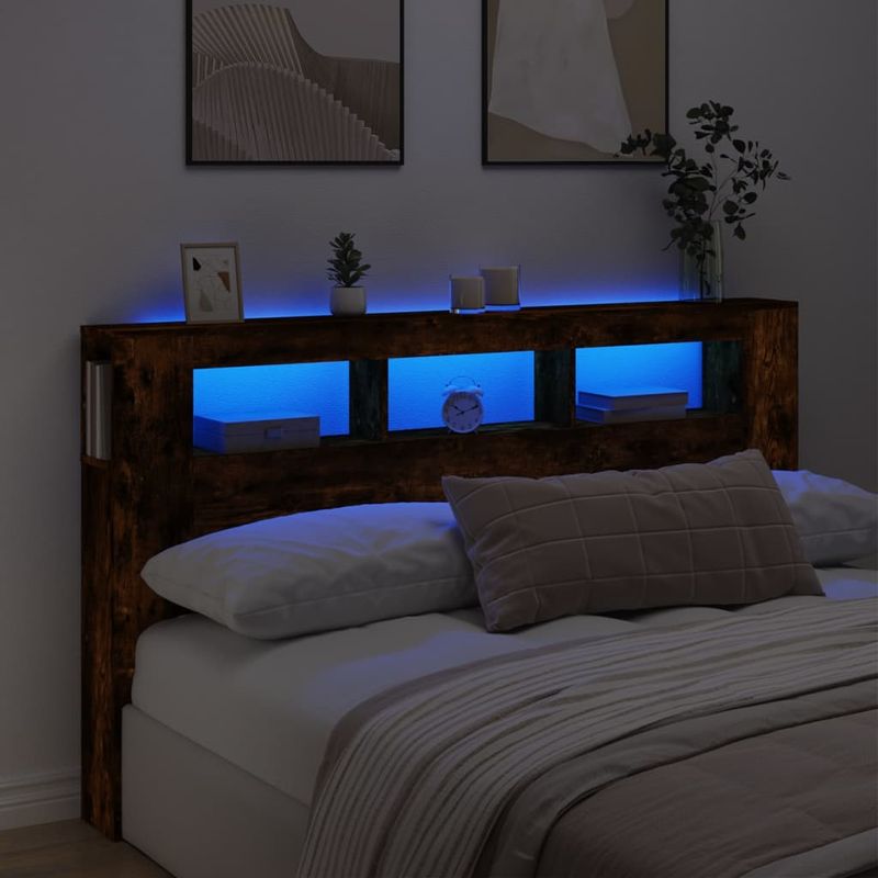 Casa si Gradina - Mobilier - Paturi si accesorii - Accesorii paturi - Tablie de pat cu LED, stejar fumuriu, 180x18,5x103,5 cm, lemn - Infinity.ro