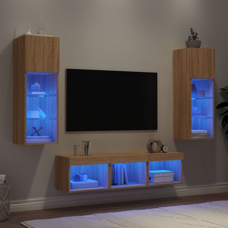 Casa si Gradina - Mobilier - Comode si corpuri - Comode - Unitati de perete TV cu LED-uri, 5 piese, stejar sonoma, lemn - Infinity.ro