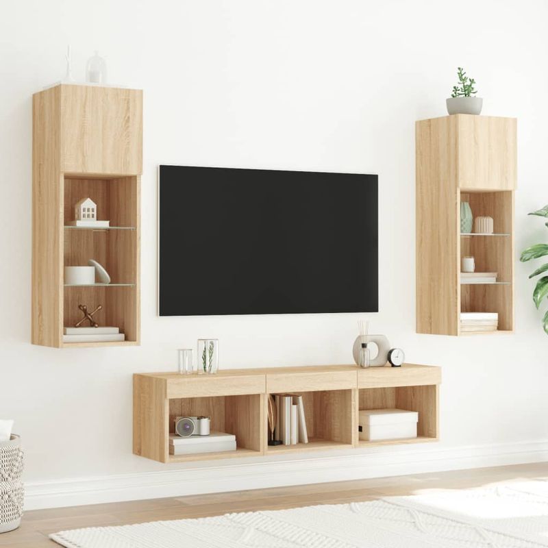 Casa si Gradina - Mobilier - Comode si corpuri - Comode - Unitati de perete TV cu LED-uri, 5 piese, stejar sonoma, lemn - Infinity.ro