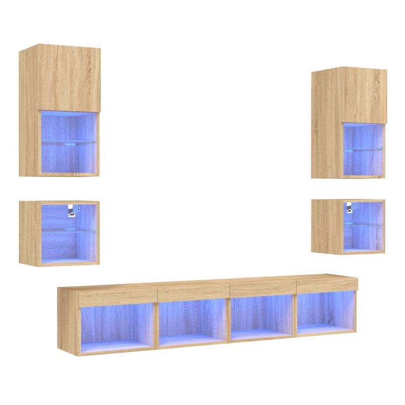 Casa si Gradina - Mobilier - Comode si corpuri - Comode - Unitati de perete TV cu LED-uri, 8 piese, stejar sonoma, lemn - Infinity.ro
