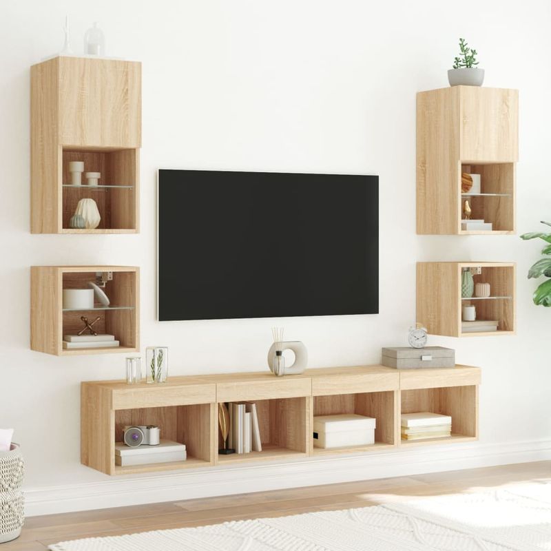 Casa si Gradina - Mobilier - Comode si corpuri - Comode - Unitati de perete TV cu LED-uri, 8 piese, stejar sonoma, lemn - Infinity.ro