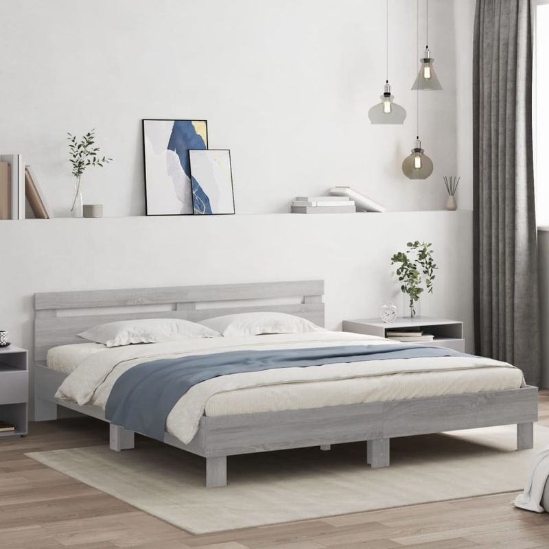 Casa si Gradina - Mobilier - Paturi si accesorii - Paturi - Cadru de pat cu tablie si LED, gri sonoma, 160x200 cm - Infinity.ro