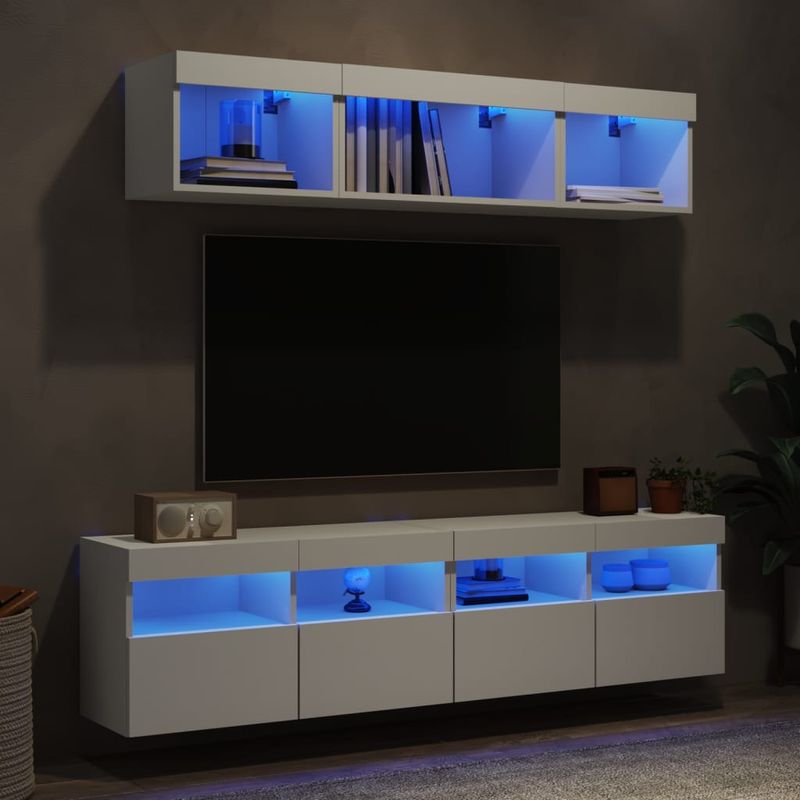 Casa si Gradina - Mobilier - Comode si corpuri - Comode - Unitati de perete TV cu LED-uri, 5 piese, alb, lemn prelucrat - Infinity.ro