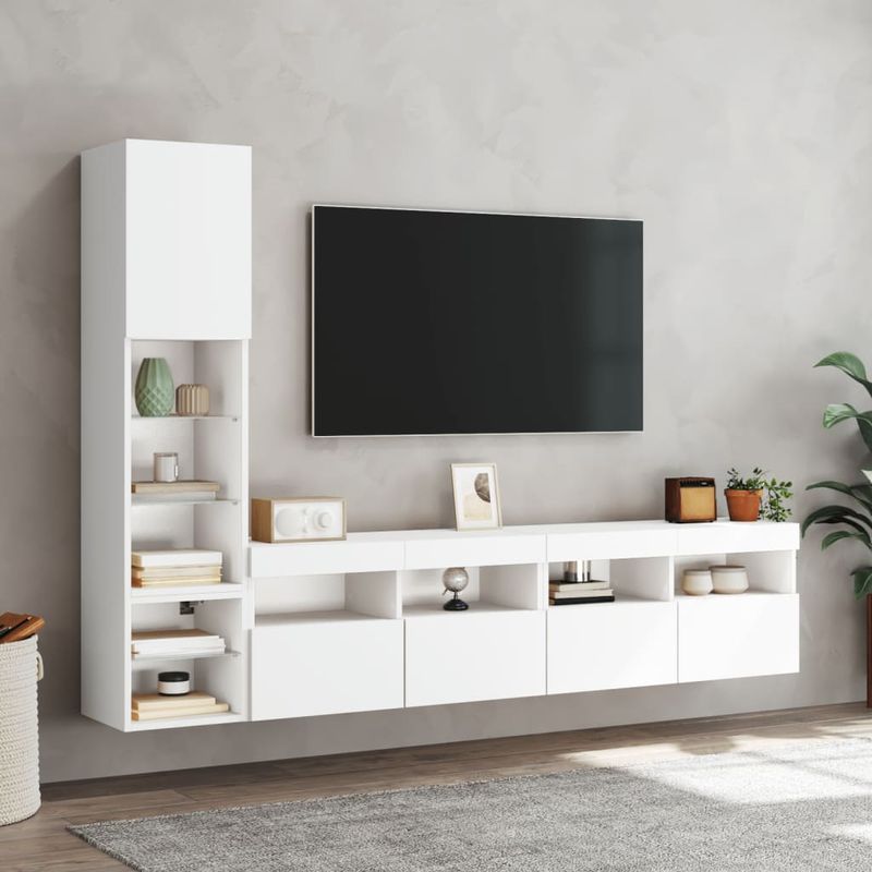 Casa si Gradina - Mobilier - Comode si corpuri - Comode - Unitati de perete TV cu LED-uri, 4 piese, alb, lemn prelucrat - Infinity.ro