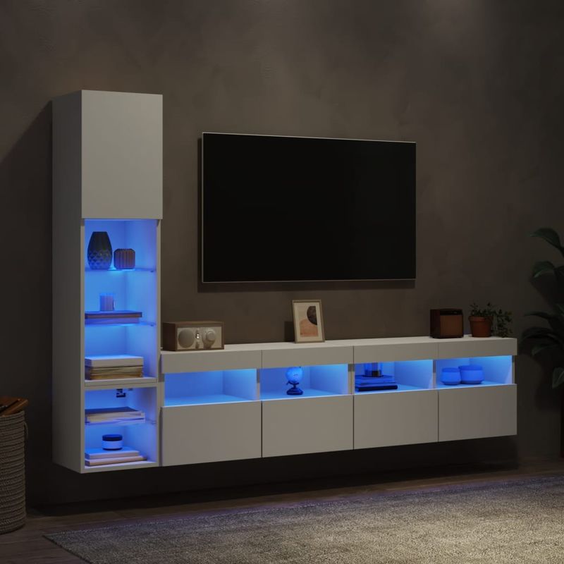 Casa si Gradina - Mobilier - Comode si corpuri - Comode - Unitati de perete TV cu LED-uri, 4 piese, alb, lemn prelucrat - Infinity.ro