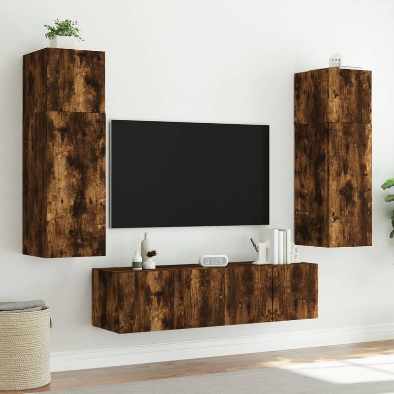 Casa si Gradina - Mobilier - Comode si corpuri - Comode - Comoda TV de perete cu LED, 2 buc. stejar fumuriu, 80x35x31 cm - Infinity.ro