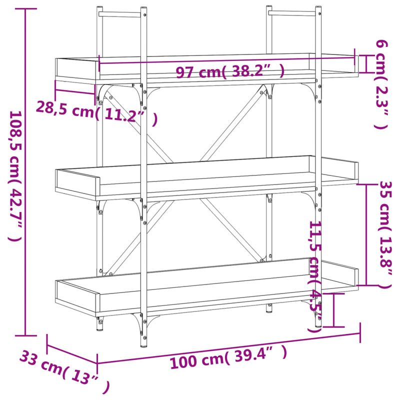 Casa si Gradina - Mobilier - Biblioteci si rafturi - Biblioteci - Biblioteca 3 niveluri gri sonoma 100x33x108,5 cm lemn prelucrat - Infinity.ro