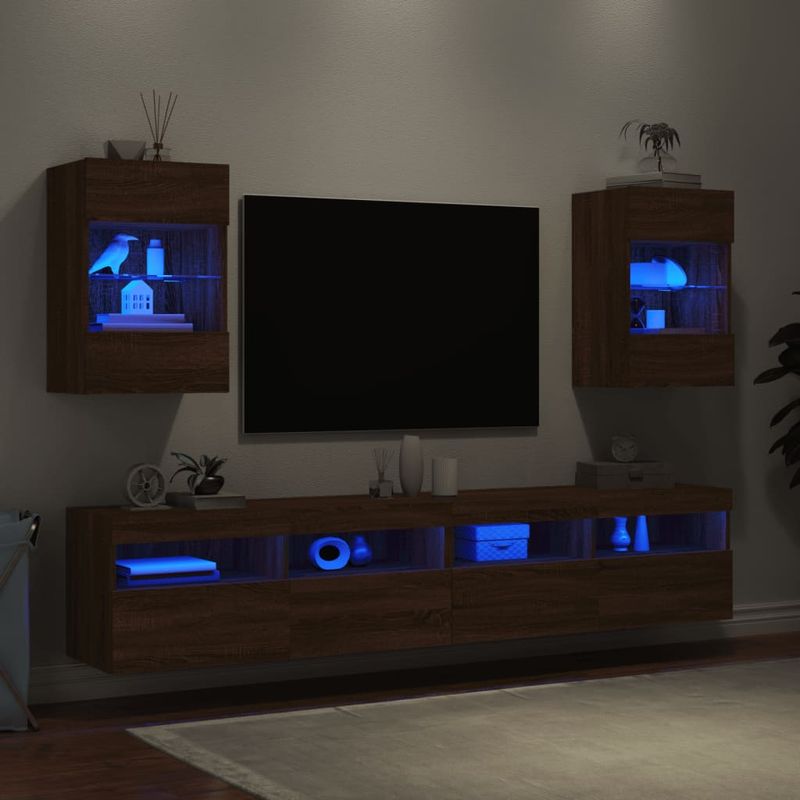 Casa si Gradina - Mobilier - Comode si corpuri - Comode - Comoda TV de perete cu LED, 2 buc. stejar maro, 40x30x60,5cm - Infinity.ro