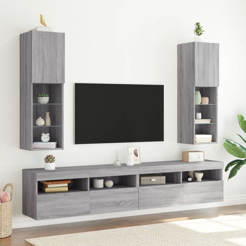 Casa si Gradina - Mobilier - Comode si corpuri - Comode - Comode TV cu lumini LED, 2 buc., gri sonoma, 30,5x30x102 cm - Infinity.ro