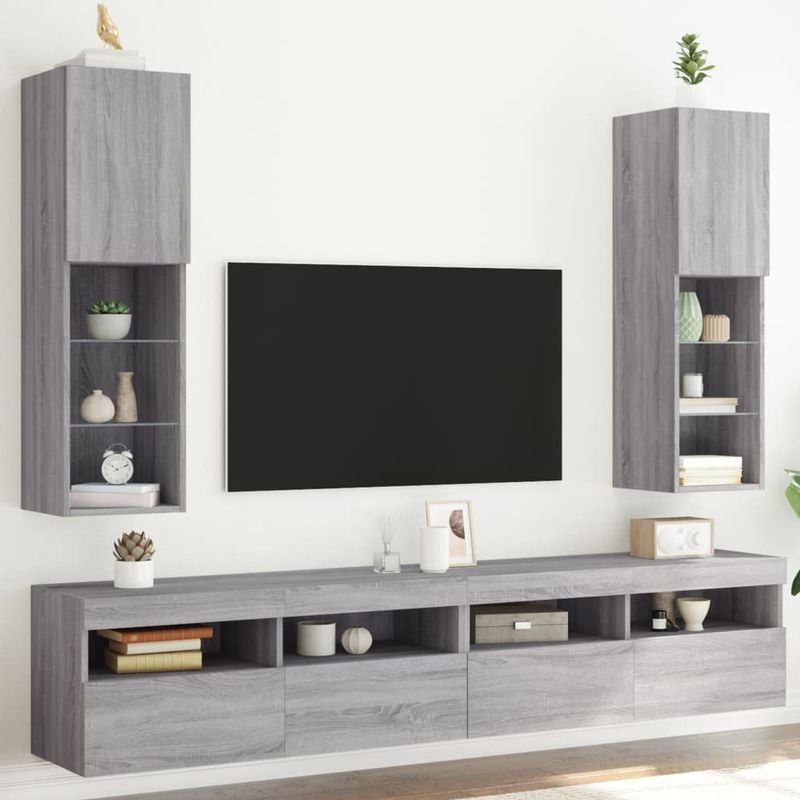 Casa si Gradina - Mobilier - Comode si corpuri - Comode - Comode TV cu lumini LED, 2 buc., gri sonoma, 30,5x30x102 cm - Infinity.ro
