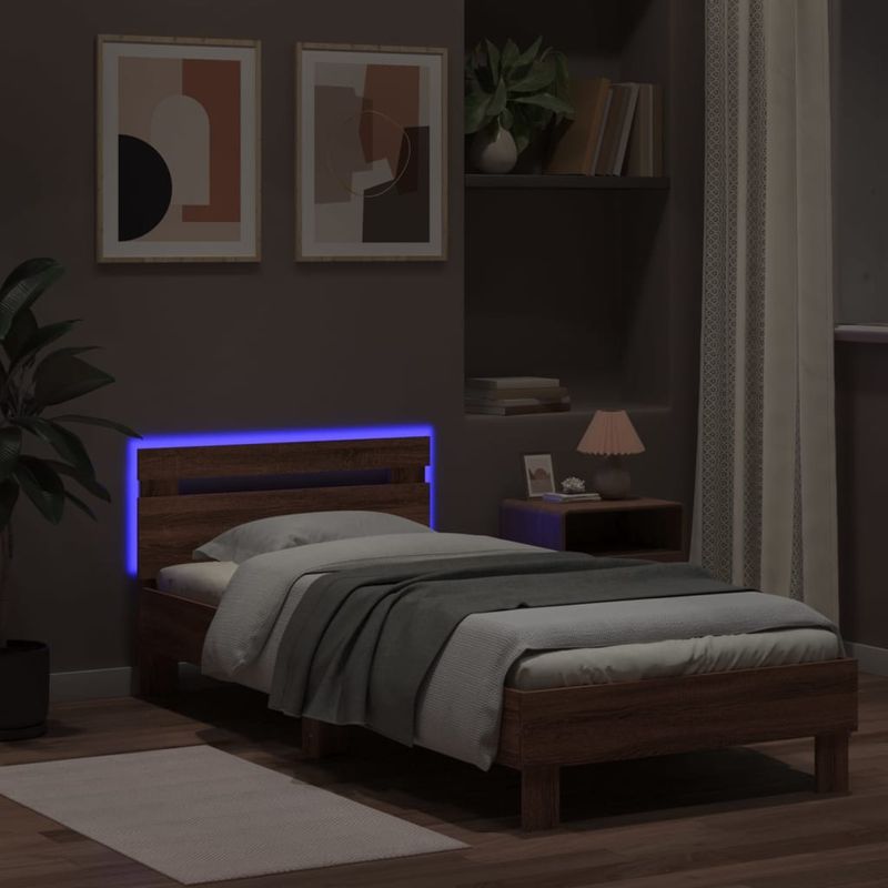 Casa si Gradina - Mobilier - Paturi si accesorii - Paturi - Cadru de pat cu tablie si lumini LED, stejar maro, 90x190 cm - Infinity.ro