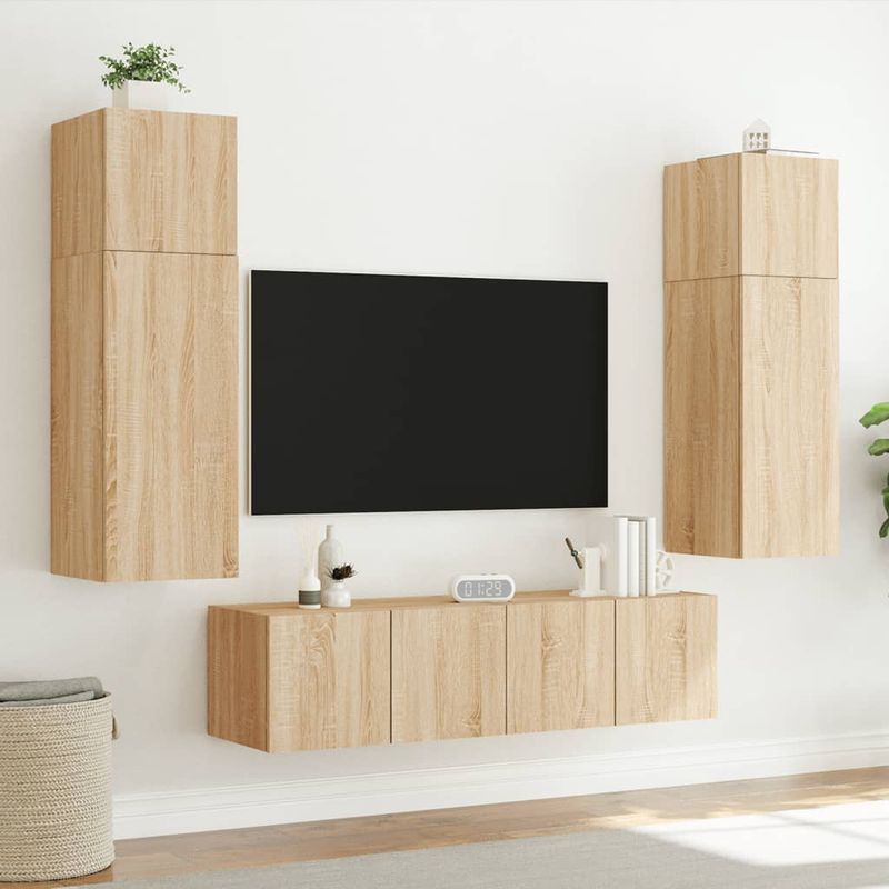 Casa si Gradina - Mobilier - Comode si corpuri - Comode - Comoda TV de perete cu LED, 2 buc. stejar sonoma, 80x35x31 cm - Infinity.ro