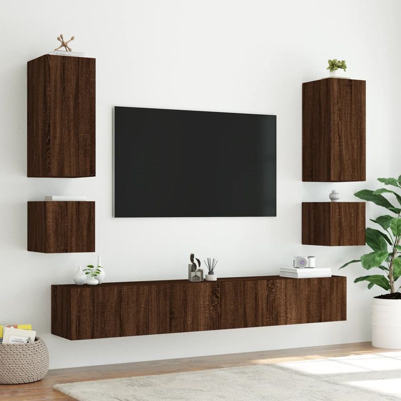 Casa si Gradina - Mobilier - Comode si corpuri - Comode - Comoda TV de perete cu LED, 2 buc. stejar maro, 40,5x35x40 cm - Infinity.ro