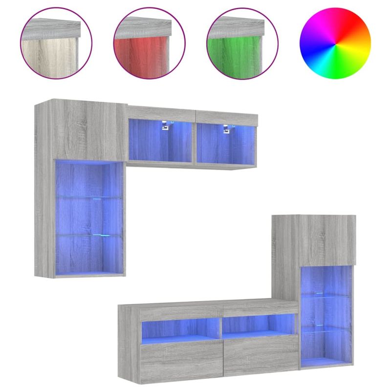 Casa si Gradina - Mobilier - Comode si corpuri - Comode - Unitati de perete TV cu LED-uri, 5 piese, gri sonoma, lemn - Infinity.ro