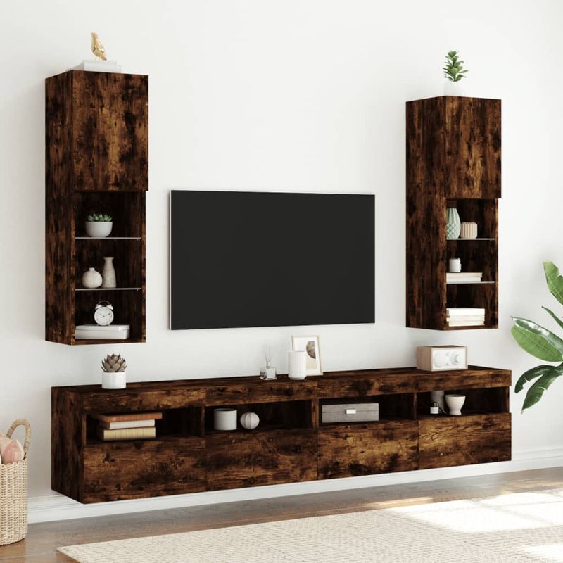 Casa si Gradina - Mobilier - Comode si corpuri - Comode - Comode TV cu lumini LED, 2 buc., stejar fumuriu, 30,5x30x102 cm - Infinity.ro